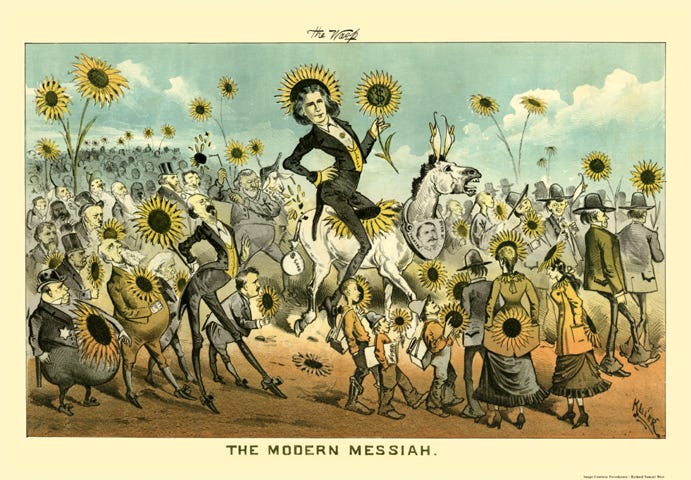 Oscar Wilde leads a parade of sunflowers in an 1882 cartoon in The Wasp.