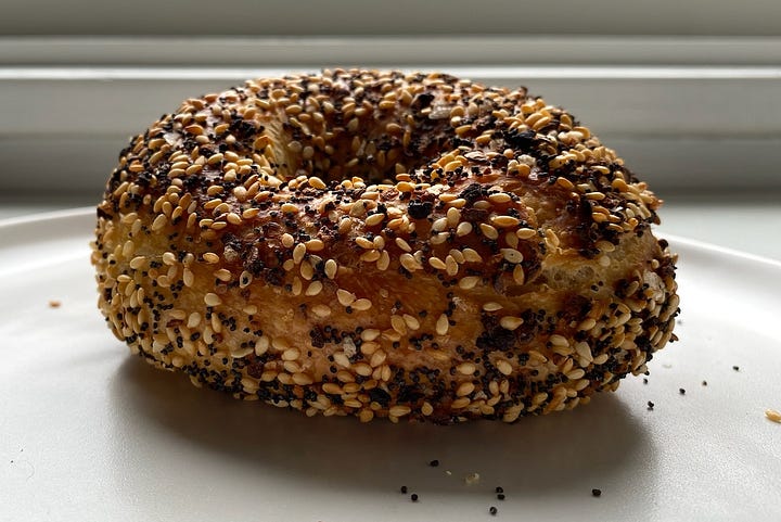 Views of the plain bagel and everything bagel
