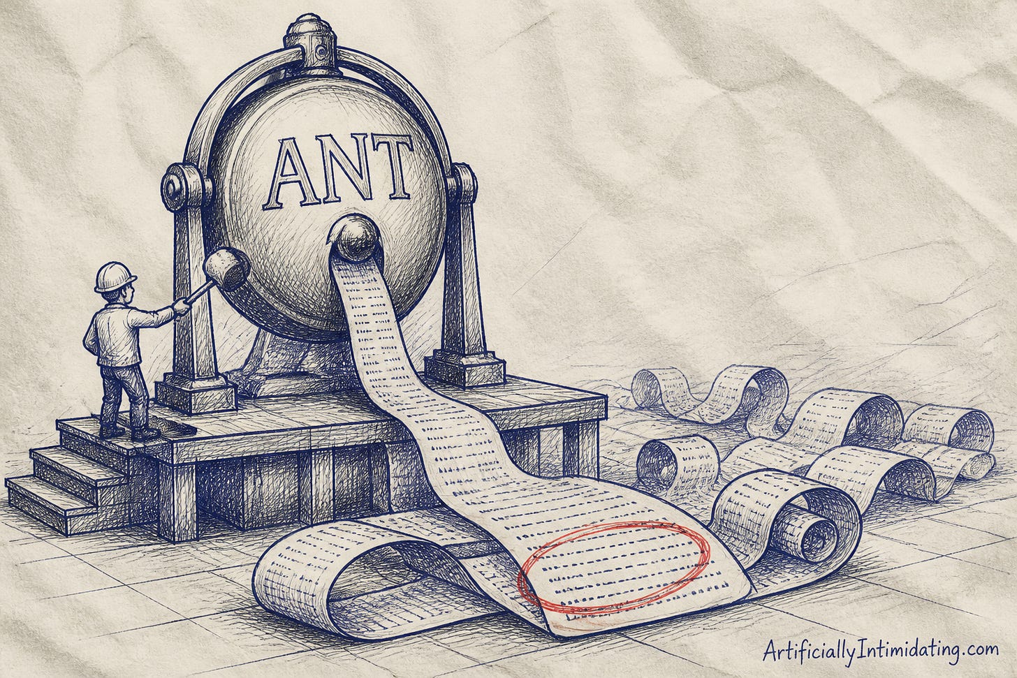 A giant brass stock-exchange bell stamped ANT on a wooden podium, rung by a small hard-hat figure, with a very long paper receipt spilling across the floor and one line circled in red.