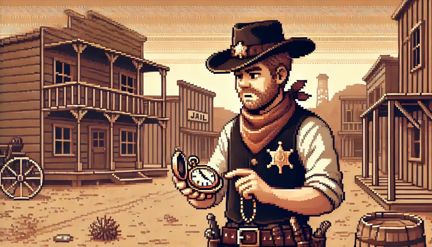 An 8-bit pixel art scene of a sheriff standing in a dusty old west town, holding a pocket watch and looking at it with a worried expression. The sheriff wears a classic cowboy hat, a badge on his vest, and has a rugged appearance. The background shows a few wooden buildings, including a saloon and a jail, with tumbleweeds blowing across the street. The sky is a dusky orange, suggesting the approaching end of the day, adding a sense of urgency and concern to the scene. The words on the sign in the background have been removed.