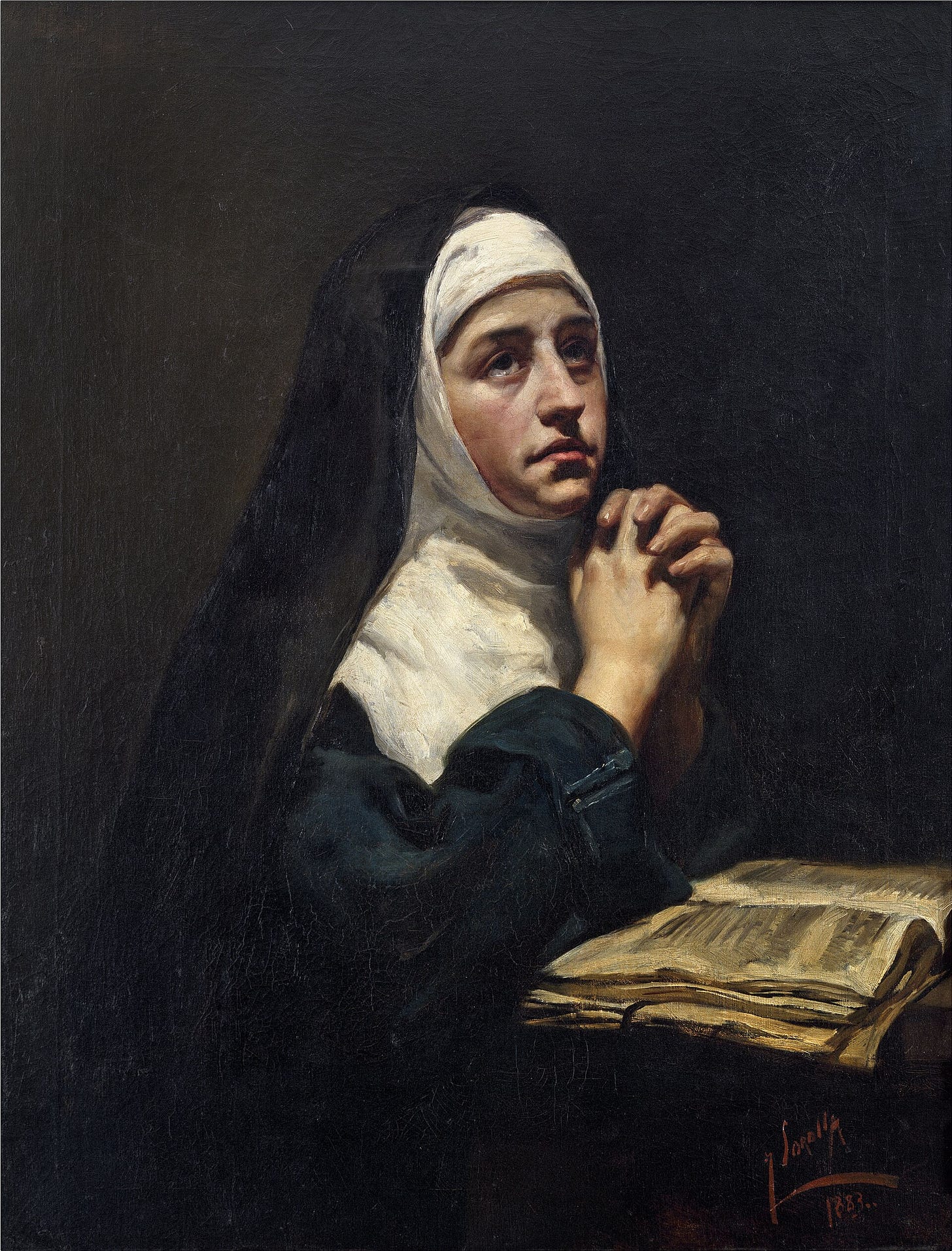A nun in prayer, painted by Joaquin Sorolla in 1883