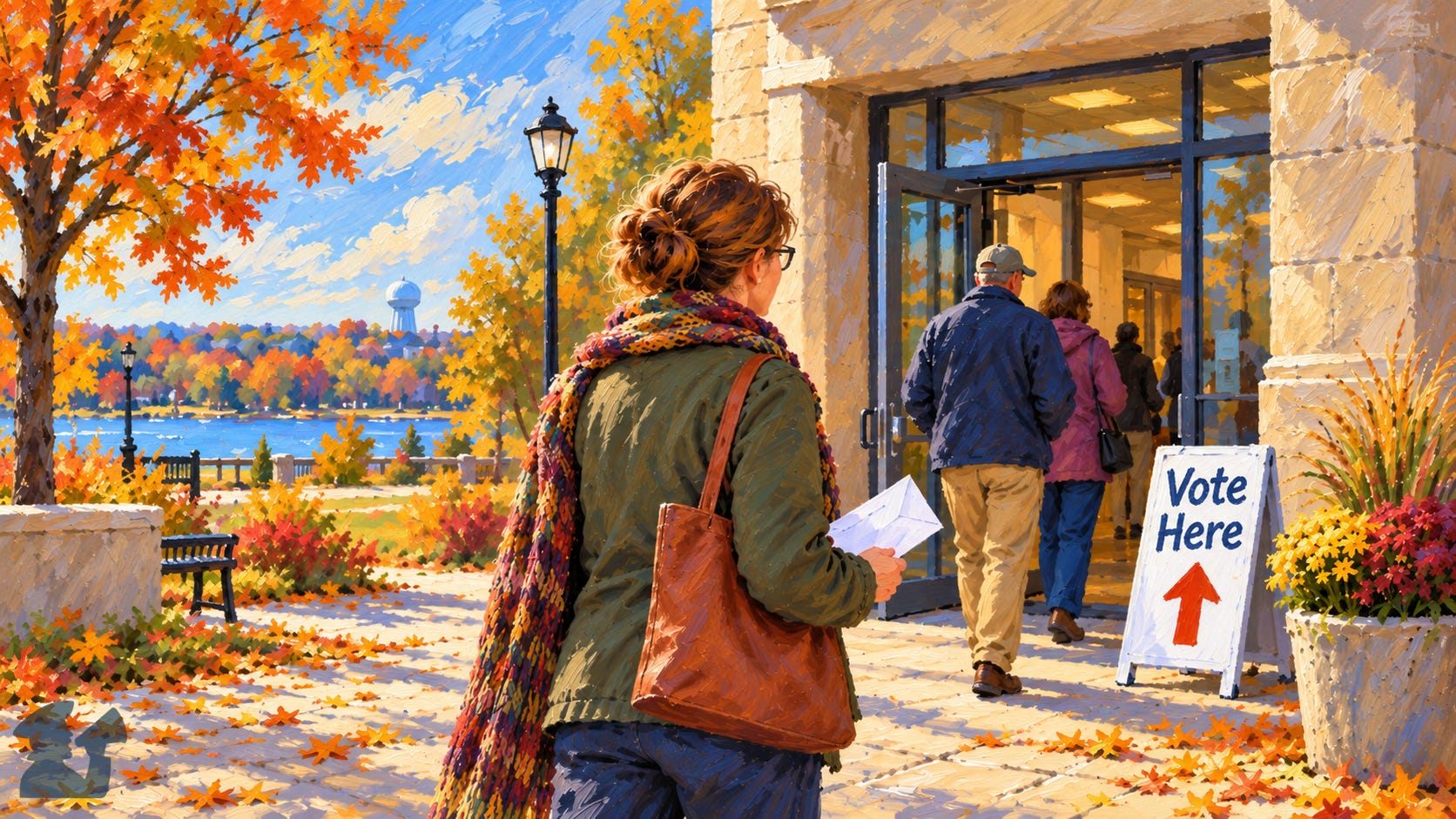 Southwest Metro voters walk into an early voting site on a bright autumn day, passing a 'Vote Here' sign with an upward-pointing arrow Southwest Metro voters walk into an early voting site on a bright autumn day, passing a 'Vote Here' sign with an upward-pointing arrow