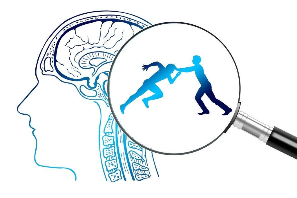 Silouette of a brain outlined in black and blue with a magnifying glass focused on two shadowed figures struggling against each other characterizing inner conflict Silouette of a brain outlined in black and blue with a magnifying glass focused on two shadowed figures struggling against each other characterizing inner conflict