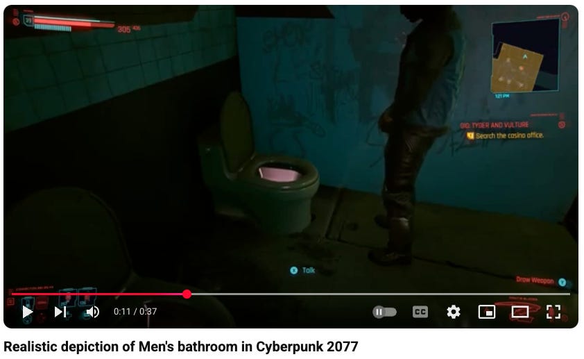 A screenshot of a YouTube video depicting a realistic men's bathroom in Cyberpunk 2077.