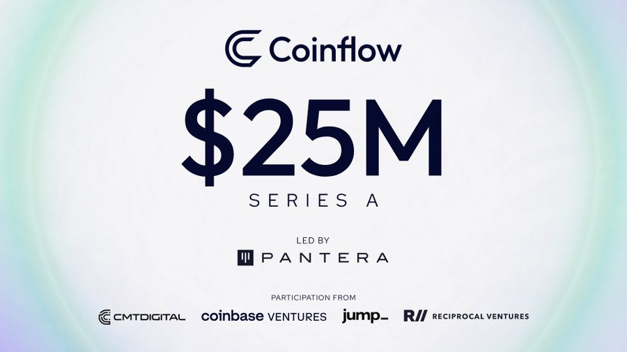 Graphic with Coinflow logo centered above 25MM in large font and Series A text below. Pantera logo and LED BY text at bottom left. Logos of Coinbase Ventures, Jump Crypto, and Reciprocal Ventures at bottom right on light blue gradient background.