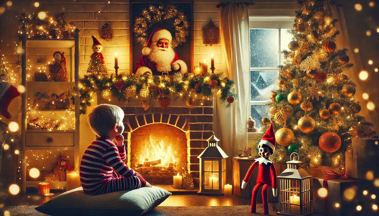 A warm, festive holiday scene capturing the magic of belief in Santa Claus. A cozy living room with a glowing fireplace, a Christmas tree adorned with ornaments and lights, and a child, about seven years old, gazing in wonder at a Santa Claus figure. An Elf on the Shelf sits playfully on a mantle. The ambiance is soft and magical, with warm golden light illuminating the room and snow lightly falling outside the window.