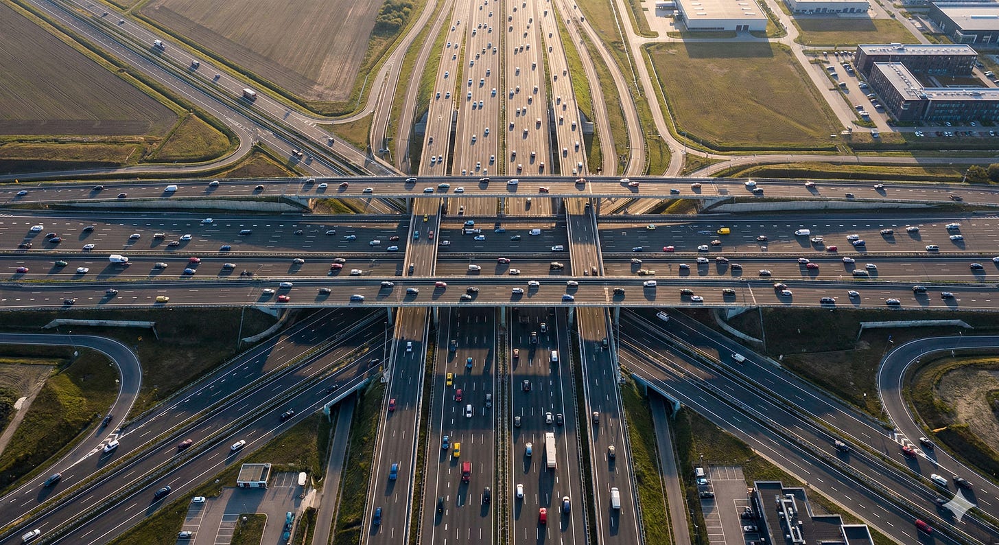 Aerial view of interconnected highway grid with vehicles flowing in multiple directions