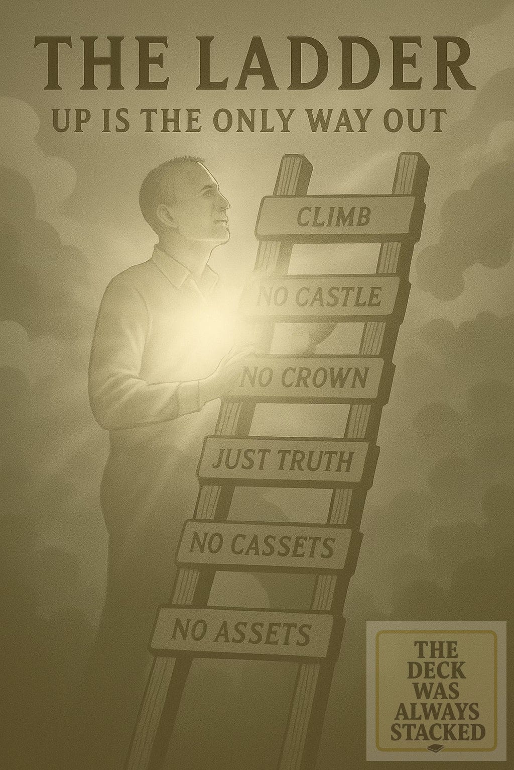 The Ladder is a series of images creator Human and AI with assets listed on the steps and light effects with Human imaged after TJ Baden in green 