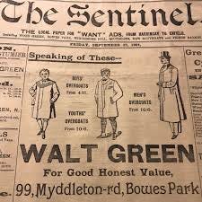 99 Myddleton Road in Bowes Park, the former George Moore Menswear shop that  was beautifully restored to its former glory a few years ago. Swipe for a  Walt Green ad in the