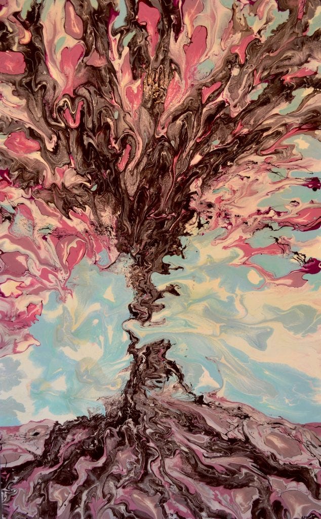 Tree with pink leaves, a light blue background. 
