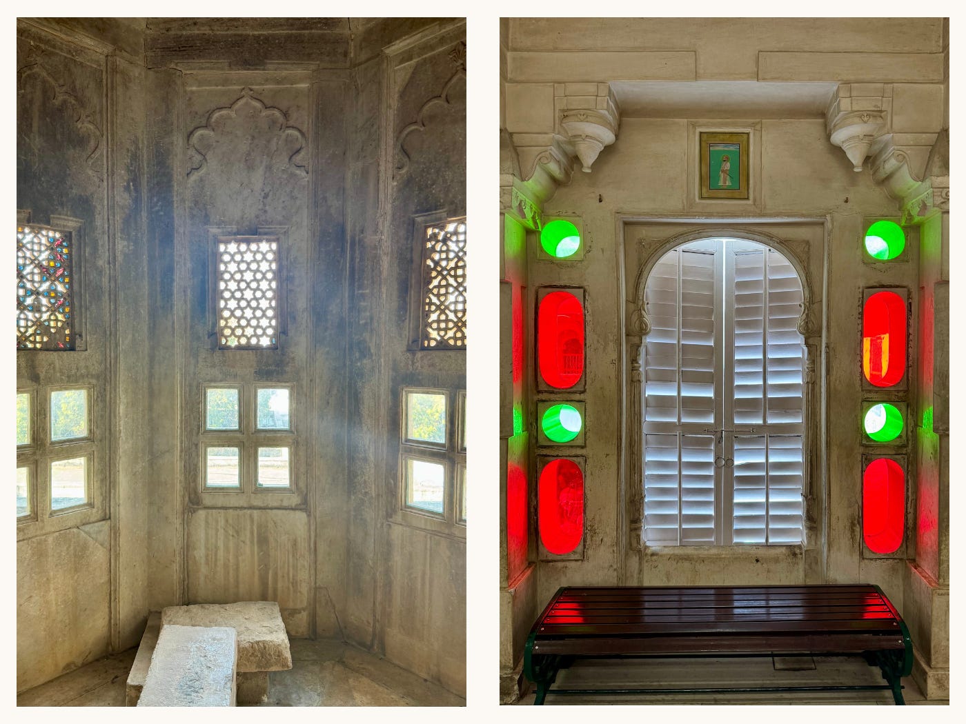 Two images: a stone window nook with lattice openings and a niche framed by red and green glass with a bench.