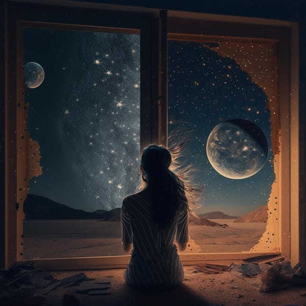 A woman looks out a window at the stars and planets. | Premium AI ...