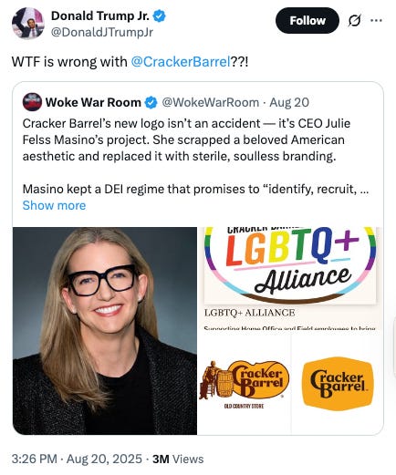 Four images of conservative activists yelling at Cracker Barrel.