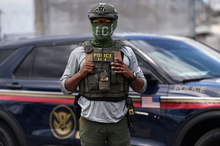 A U.S. Immigration and Customs Enforcement (ICE) agent stands guard outside Delaney Hall as demonstrators remain gathered in Newark, New Jersey, U.S., May 28, 2026. REUTERS/Shannon Stapleton A U.S. Immigration and Customs Enforcement (ICE) agent stands guard outside Delaney Hall as demonstrators remain gathered in Newark, New Jersey, U.S., May 28, 2026. REUTERS/Shannon Stapleton