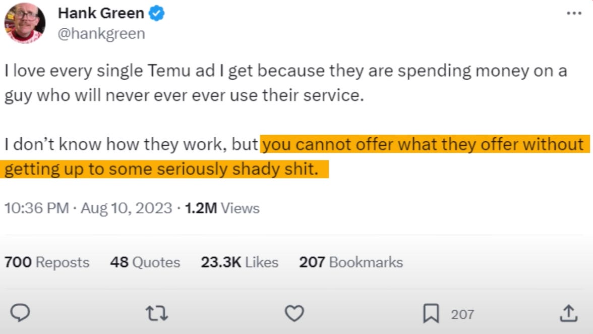 And, and, and let’s not forget that just in the middle of that crap is our planet (read: all of us) that pays the biggest price. There is just no way that the company can offer all these products, for the price they offer without it being a seriously shady.