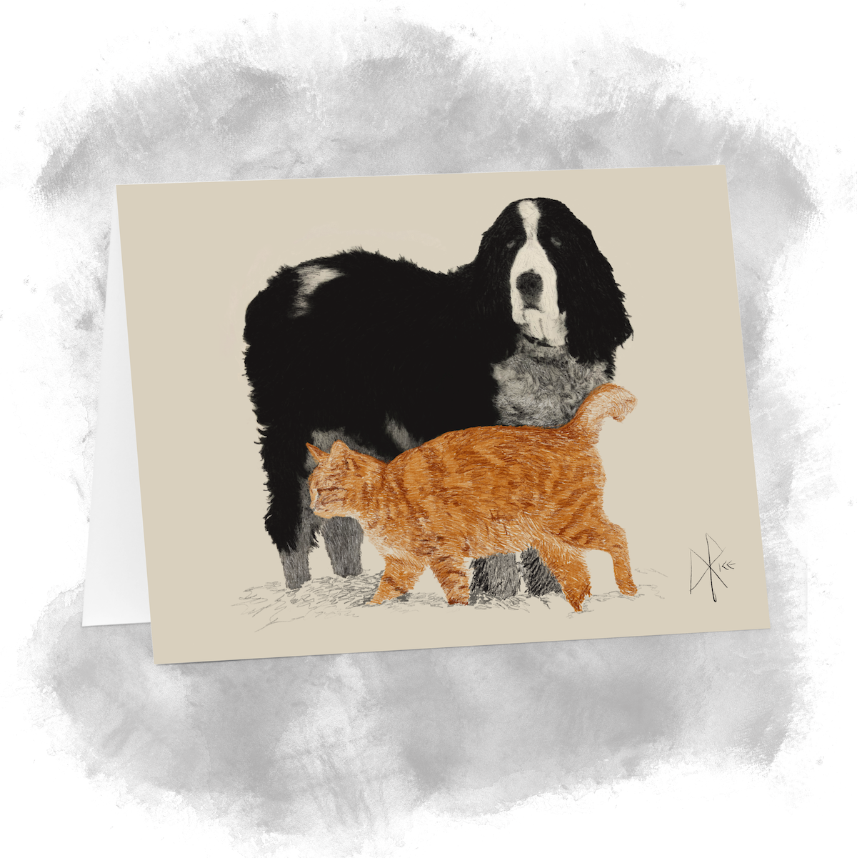 After a light snow, an old dog stands stoically as a tabby cat gives a drive-by tail pat while walking by. Sketch art by Don Rice. After a light snow, an old dog stands stoically as a tabby cat gives a drive-by tail pat while walking by. Sketch art by Don Rice.