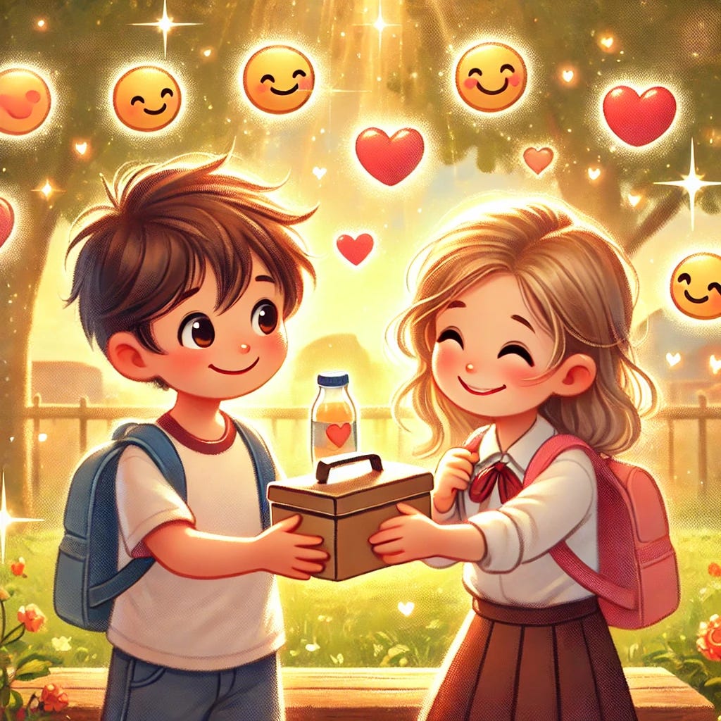 A heartwarming, kid-friendly illustration showing two children helping each other: one child is handing their friend a lunchbox, while the other is smiling and hugging them. Around them, soft glowing symbols of love, joy, and connection float in the air—like hearts, stars, and smiley faces. The scene feels cheerful and uplifting, with warm colors and a whimsical style. The background is a sunny park or schoolyard, emphasizing friendship, kindness, and the idea that helping others brings happiness to both people.