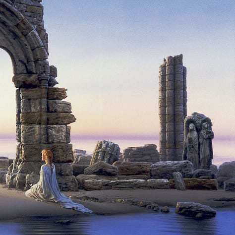 LEFT: Detail from DAWN PORTAL featuring a woman in white gown kneeling at the pointed archway of abbey ruins. Her red hair is braided tightly falling to her mid-back. She wears a white gown that trails behind her to the water’s edge. CENTER: Background detail from DAWN PORTAL featuring a robed statue holding a book fallen on its side on the wet sand. The abbey wall behind it is made of mismatched rough stone, varying in color, texture and rectangular dimensions. RIGHT: Close detail from DAWN PORTAL featuring a pair of statues, a man and woman in robes both holding books. She holds her book low while he clutches a tome to his chest. A fractured column of stone set in layers of rounded blocks rises behind the statues. The rest of the abbey lies in ruins. The sky beyond is blue that fades to pale yellow then a smoky purple band on the horizon.