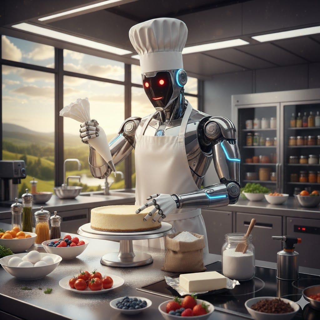 Robot chef making a cheesecake.