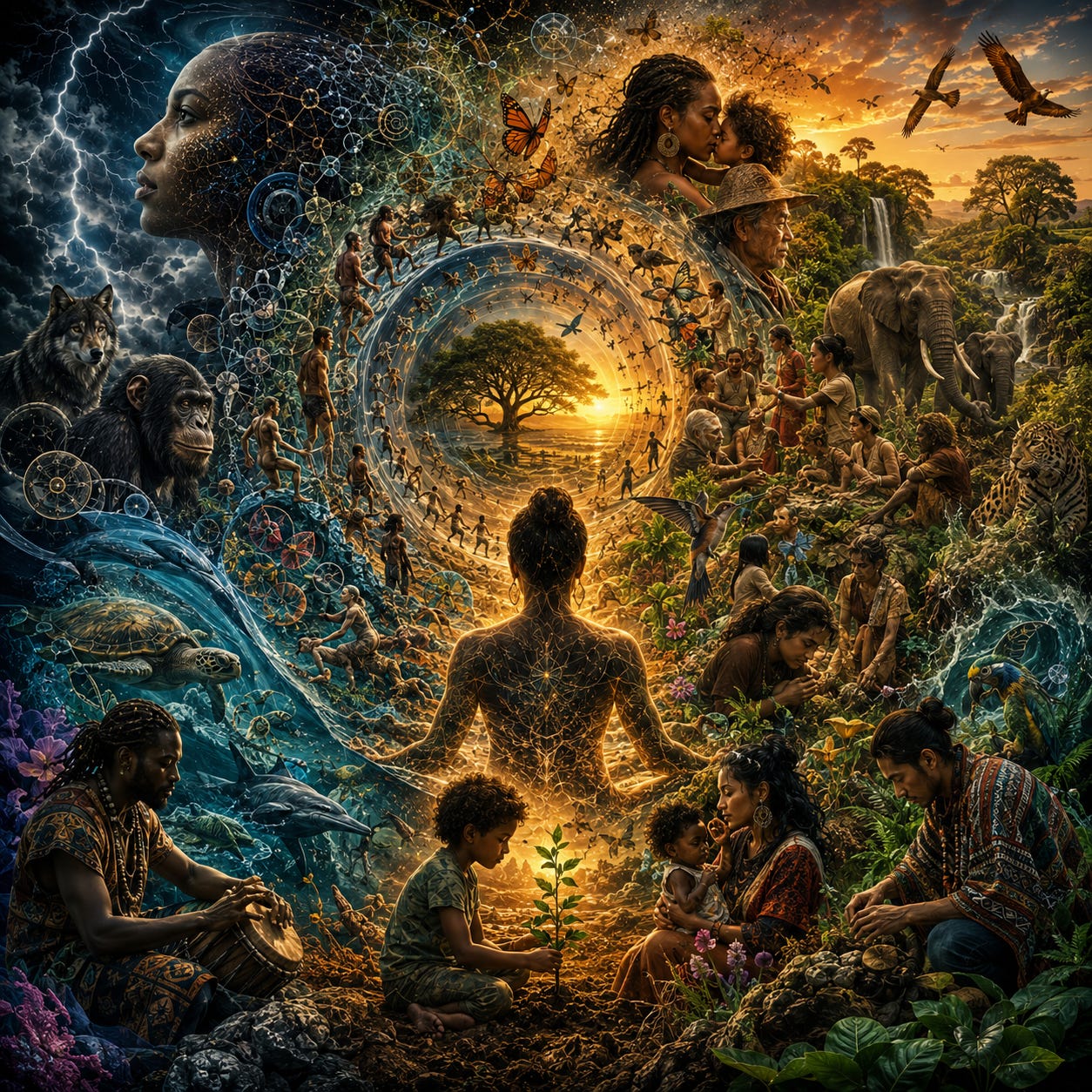artwork showing evolution as a continuous relational process across nature, humanity, consciousness, animals, ecosystems, family bonds, cooperation, emotional development, and interconnected living systems woven together through luminous patterns and golden threads.