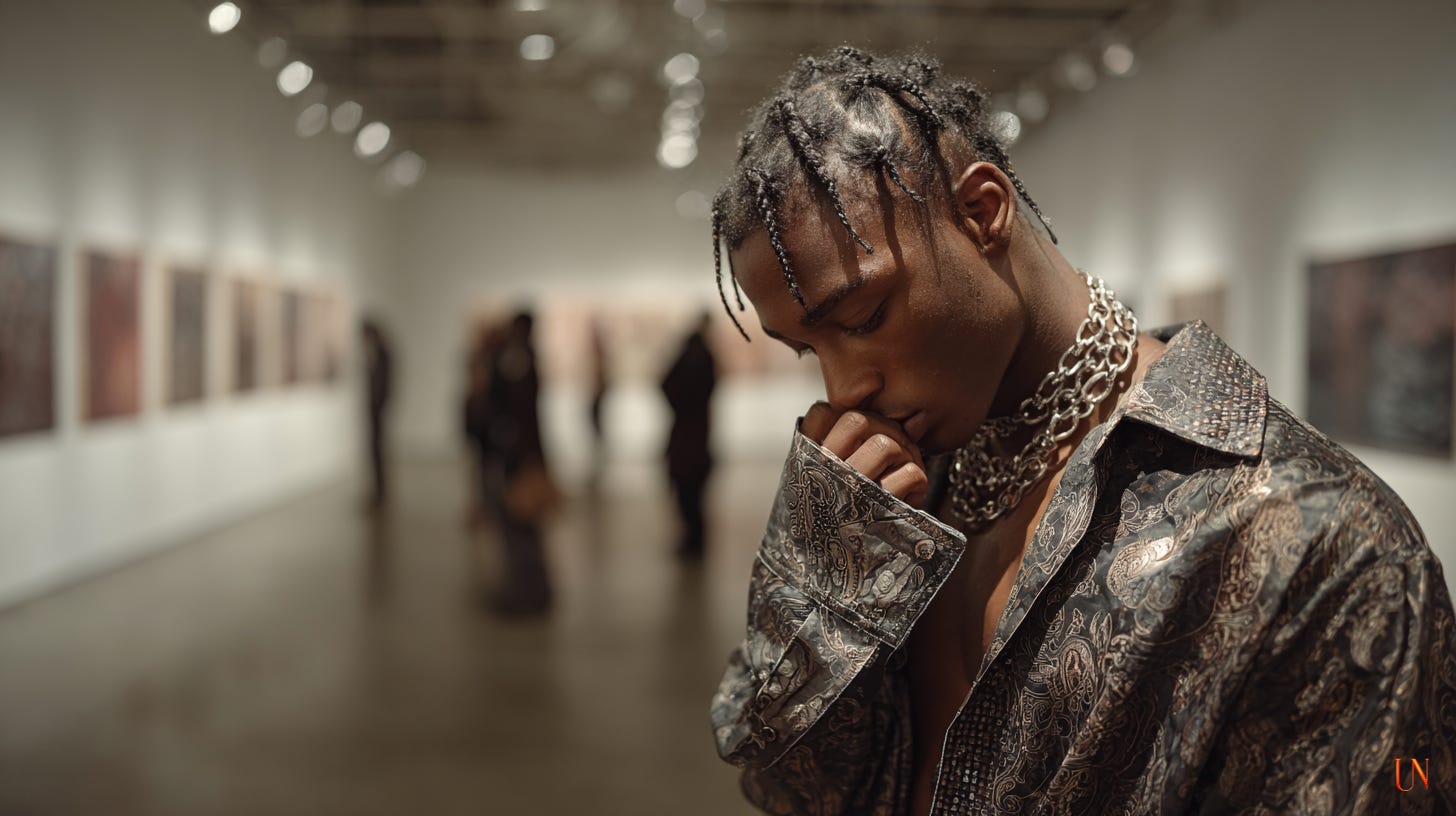 A young Black man stands in a dim contemporary art gallery, head bowed and hand near his mouth in a gesture of tension or contemplation. His hair is styled in tight braids, his patterned shirt hangs open at the collar, and layered chain necklaces reflect the gallery lights. The background figures and artwork are blurred, placing full emotional focus on his posture and expression.