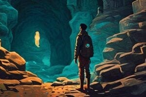 spooky cavern and man about to explore it