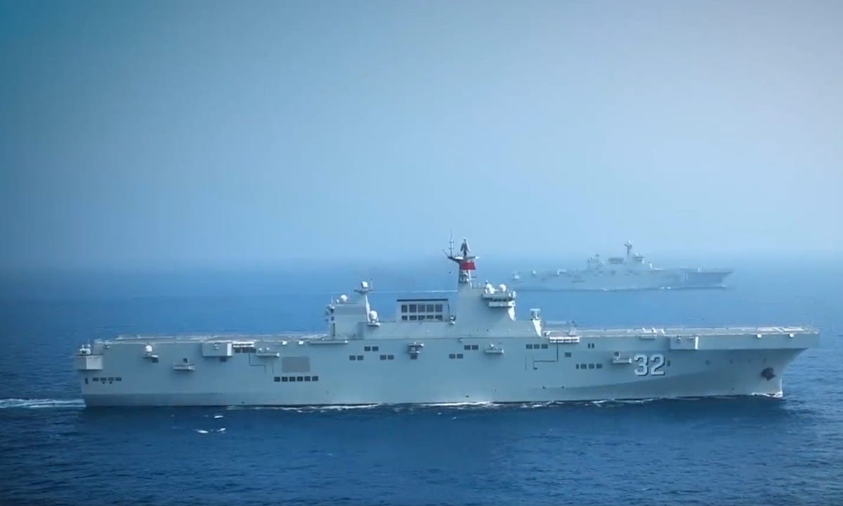 Two Type 075 amphibious assault ships of PLA Navy, the Guangxi and the <em>Hainan</em>, sail in formation at an undisclosed sea region in 2022. Photo: Screenshot of a video released by the PLA Navy. Two Type 075 amphibious assault ships of PLA Navy, the Guangxi and the <em>Hainan</em>, sail in formation at an undisclosed sea region in 2022. Photo: Screenshot of a video released by the PLA Navy.