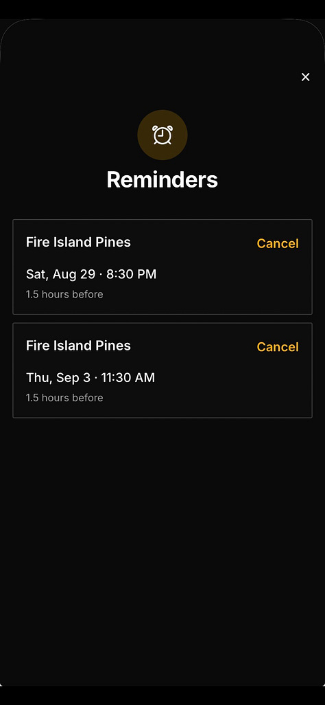 Screenshots of Boatload, a dark-mode app with gold accents. The home screen shows the next departures to Fire Island Pines and Cherry Grove with a countdown. Other screens show schedules by day and season, a Labor Day schedule-change alert, ferry reminders, and the app menu.