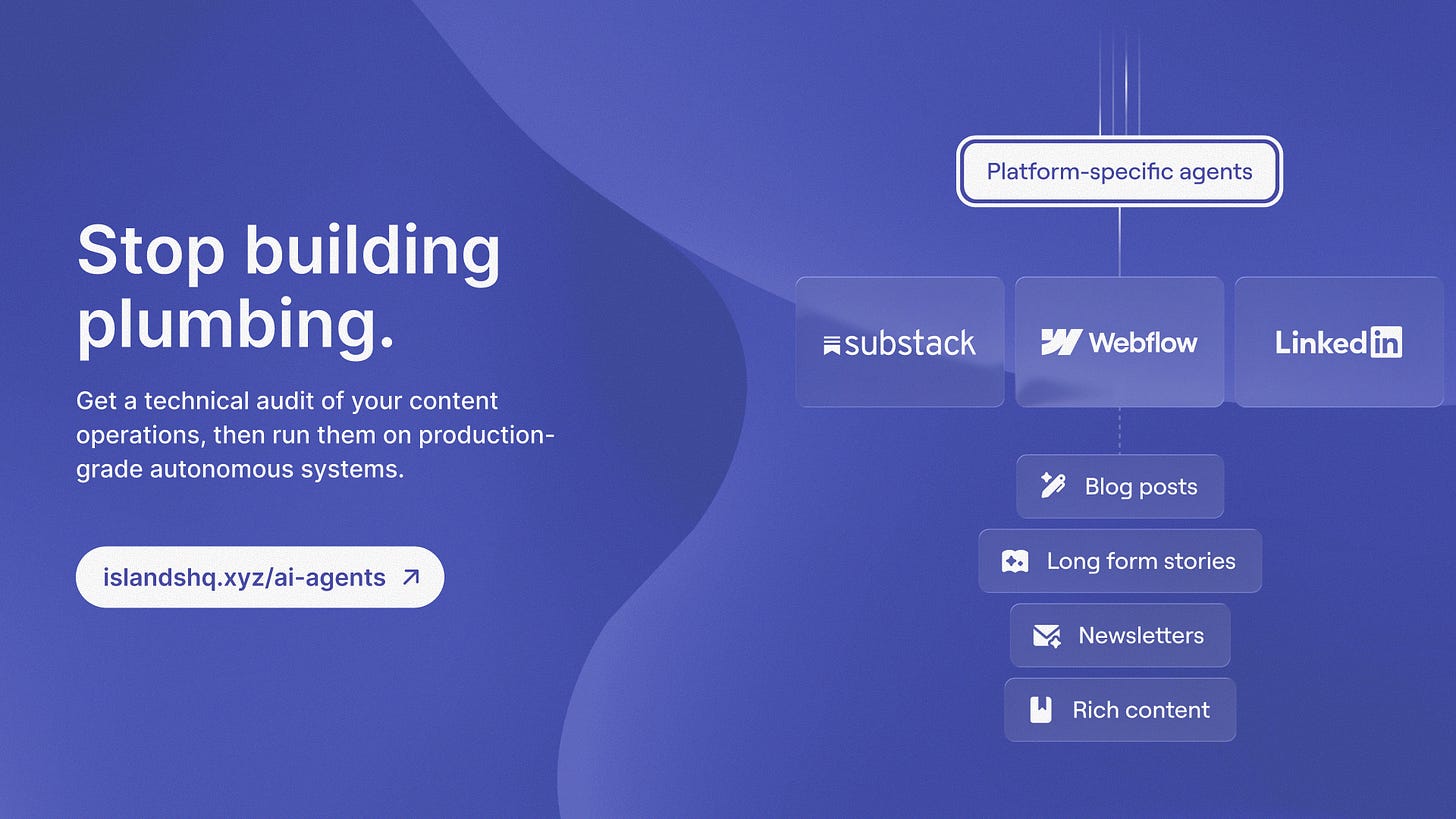 Islands CTA to swap content plumbing for autonomous content systems, linking to islandshq.xyz/ai-agents.