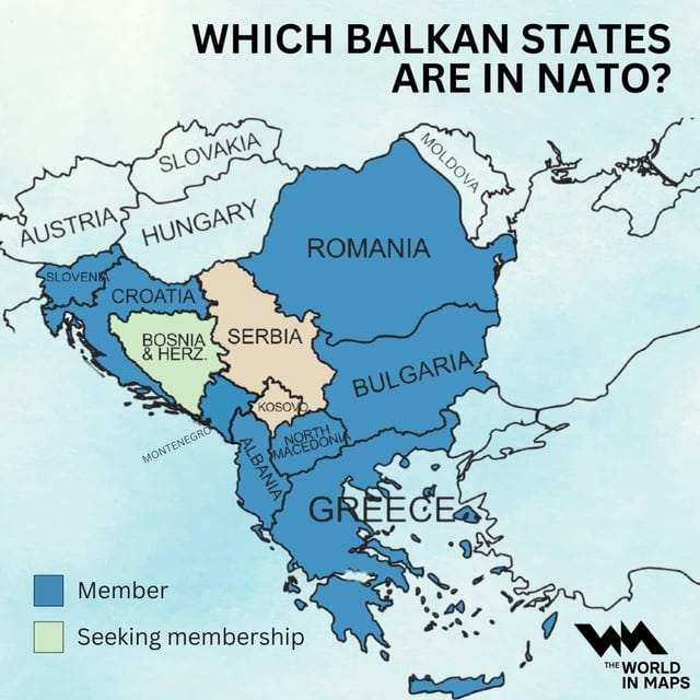 r/MapPorn - AUSTRIAS SLOVENIA WHICH BALKAN STATES SLOVAKIA ARE IN NATO? MOLDOVA HUNGARY ROMANIA CROATIA محمد BOSNIA SERBIA & HERZ. MONTENEGRO KOSOVO ALBANIA NORTH MACEDONIA BULGARIA GREECE Member Seeking membership wn THE WORLD IN MAPS