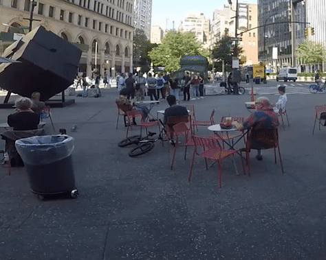 Open in browser for GIFs! From left to right: (a) Disney's skater robot picks herself back up at SXSW (b) robots wander NYC looking for trash (c) Kiwibot falls asleep on the job