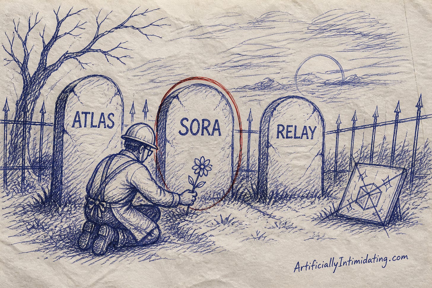 A moody cemetery at dusk with three tombstones reading ATLAS, SORA and RELAY, the middle one circled in red, while a hard-hat engineer kneels to leave a flower and a crossed-out sketch of a sparkly box leans on the fence.