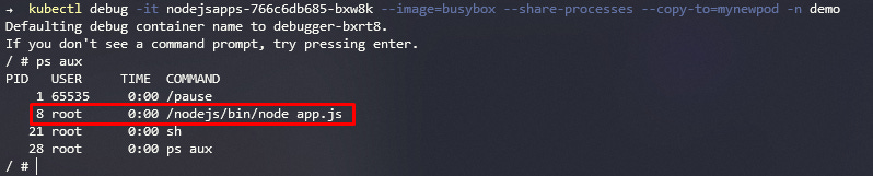 Resultado ejecución comando kubectl debug y ps aux Resultado ejecución comando kubectl debug y ps aux