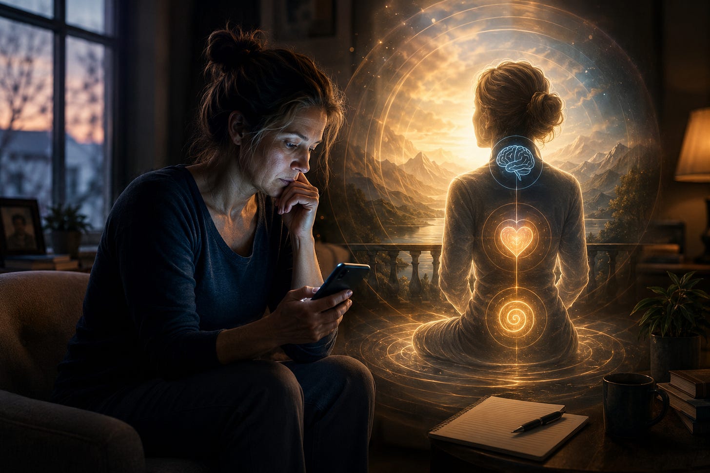 A contemplative woman sits in a dimly lit room, illuminated by the blue glow of a smartphone. Beside her, a luminous, meditative version of herself faces a radiant landscape, with glowing symbols aligned at the head, heart, and lower abdomen, representing a journey from digital dependence to inner spiritual grounding.
