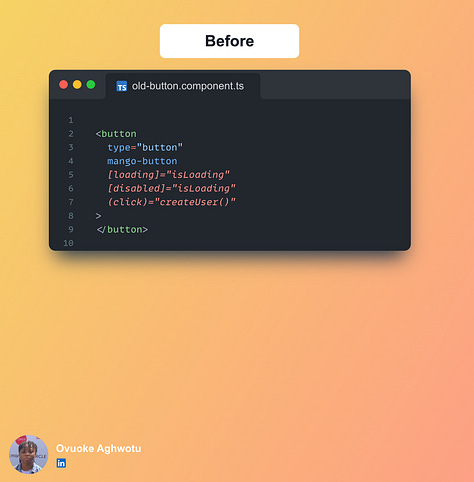 Code snippets showing the old Mango UI button