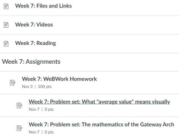 Screenshot showing the layout of Week 7 of the course on the LMS