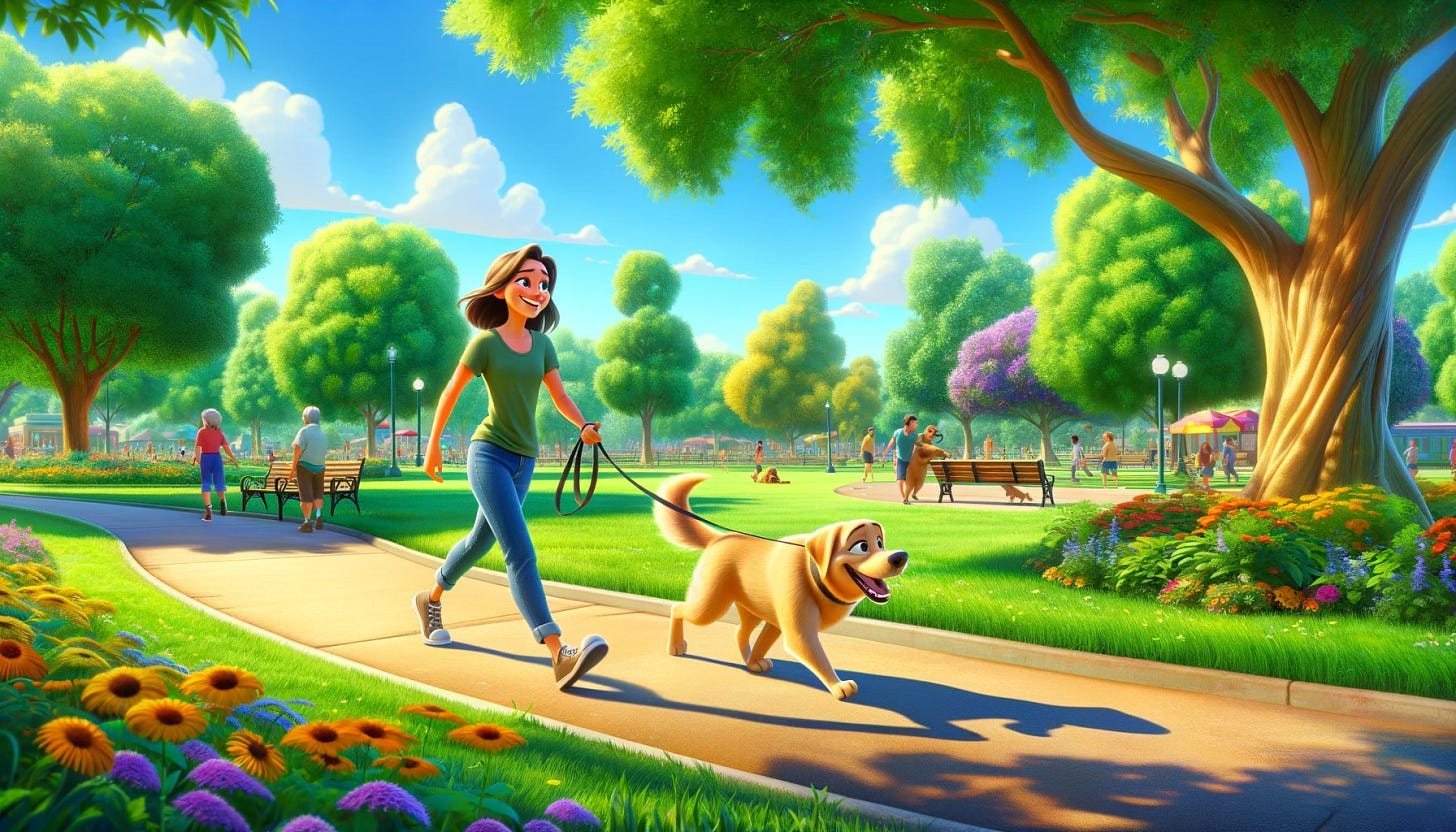 Illustration of a woman walking her dog in a park