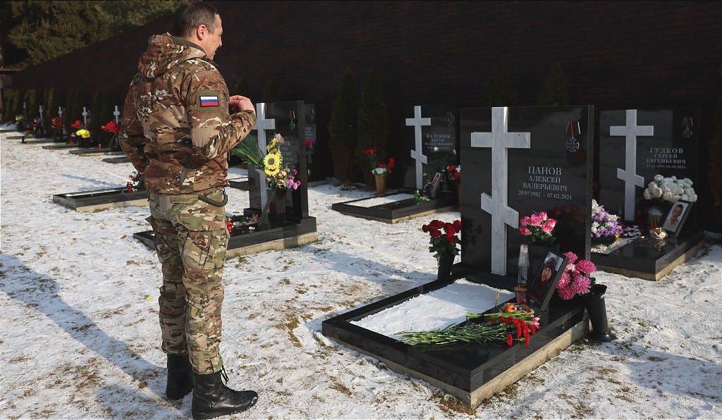 Yury, the 39-year-old school employee who participated in Russia's military action in Ukraine as a radio operator in a Cossack artillery brigade of a private paramilitary company under call sign "Lokomotiv" (Locomotive) - a reference to his favourite Moscow football club, visits the Alley of Fame, a burial place for Russian servicemen killed in Ukraine at a local cemetery, in the town of Istra in the Moscow region on February 7, 2025 Yury, the 39-year-old school employee who participated in Russia's military action in Ukraine as a radio operator in a Cossack artillery brigade of a private paramilitary company under call sign "Lokomotiv" (Locomotive) - a reference to his favourite Moscow football club, visits the Alley of Fame, a burial place for Russian servicemen killed in Ukraine at a local cemetery, in the town of Istra in the Moscow region on February 7, 2025