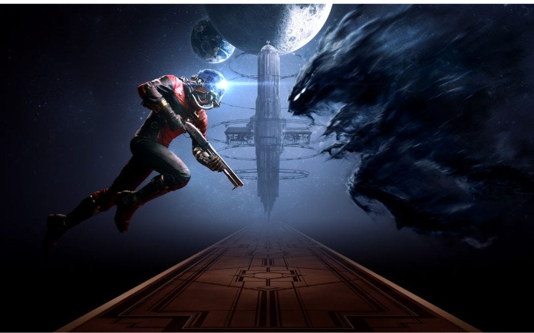 A cover image for Prey (Arkane Studios, Bethesda Softworks, 2017), showing a red-suited figure with a shotgun facing down a shadowy eldritch horror with a space station and moon in the background.