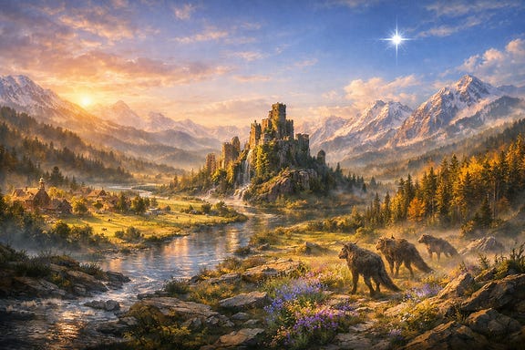 Panoramic view of the restored Barovian valley now part of Mystara. Dawn light spills across vast mountains and forests. The mists have lifted, revealing clear rivers and blooming meadows. Castle Ravenloft’s ruins stand overgrown with ivy and luminous moss at the valley’s heart. The Radlebb Woods merge seamlessly with Barovia’s forests, their trees shimmering with faint amber light. Villages awaken under golden skies, bells ringing as people step into warmth. Above, the Fourteenth Star burns steady in the morning sky, a beacon of renewal. Panoramic view of the restored Barovian valley now part of Mystara. Dawn light spills across vast mountains and forests. The mists have lifted, revealing clear rivers and blooming meadows. Castle Ravenloft’s ruins stand overgrown with ivy and luminous moss at the valley’s heart. The Radlebb Woods merge seamlessly with Barovia’s forests, their trees shimmering with faint amber light. Villages awaken under golden skies, bells ringing as people step into warmth. Above, the Fourteenth Star burns steady in the morning sky, a beacon of renewal.