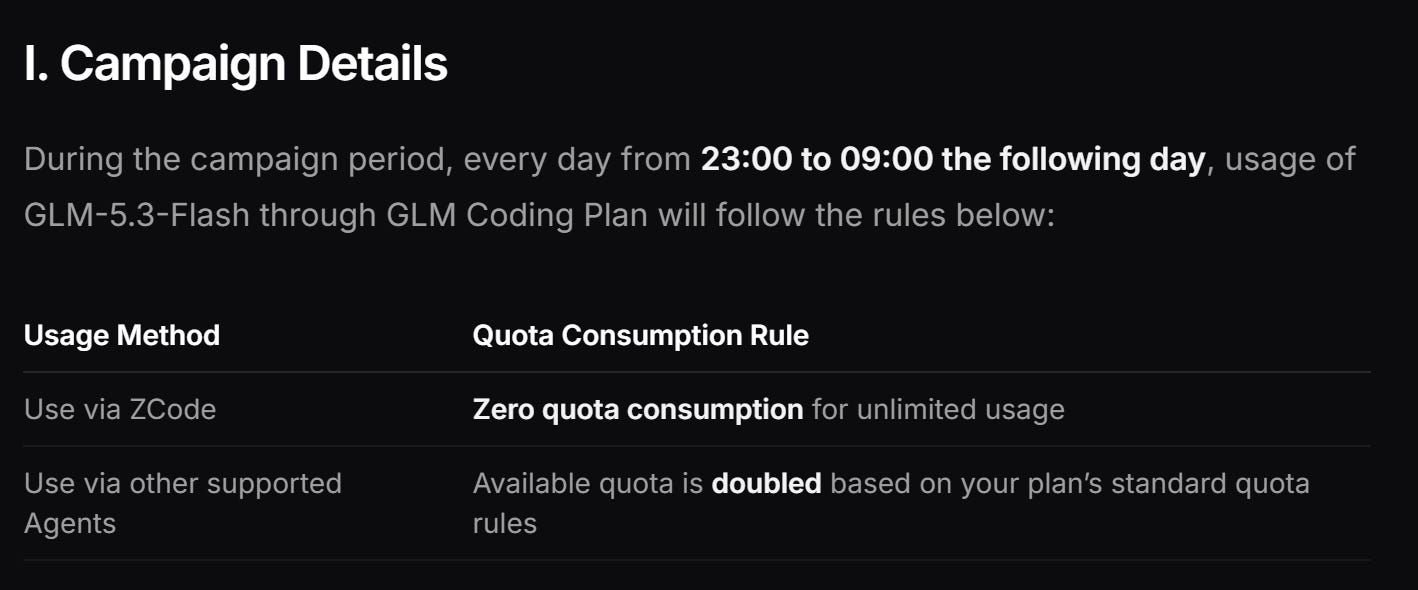 Z.ai campaign details: every day from 23:00 to 09:00 the following day, GLM-5.3-Flash through GLM Coding Plan - use via ZCode means zero quota consumption for unlimited usage, use via other supported agents means available quota is doubled