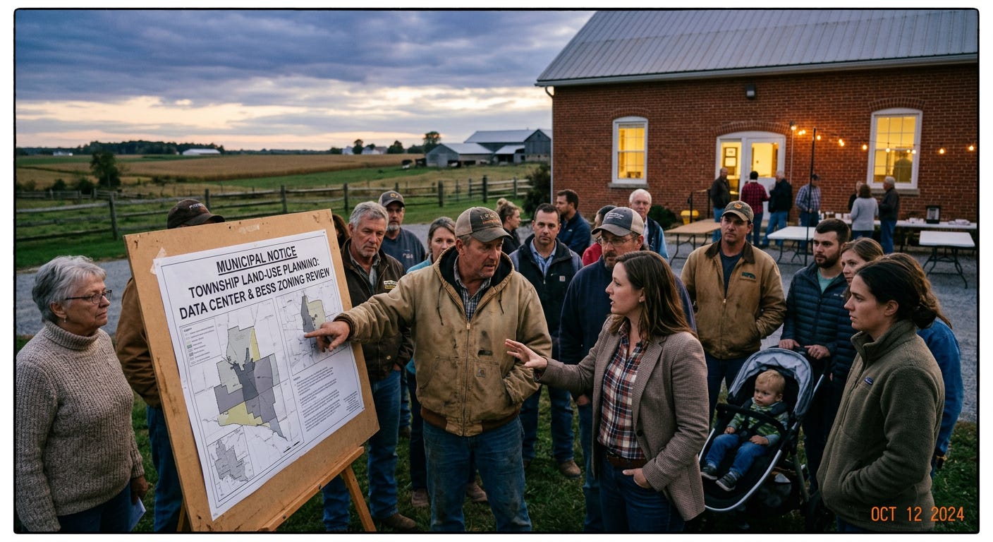 Rural residents and a county planner examine a land-use map and zoning review notice outside a township hall at twilight. Rural residents and a county planner examine a land-use map and zoning review notice outside a township hall at twilight.