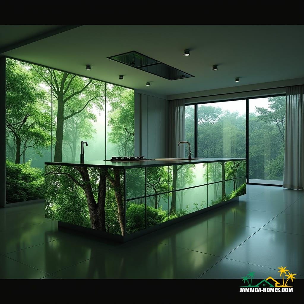 The name reflects the central, interactive feature of the kitchen—the island, which is brought to life through digital screens depicting natural scenes. The term "Living" emphasizes the dynamic, changing atmosphere created by the screens, highlighting how the kitchen becomes a living, breathing space.