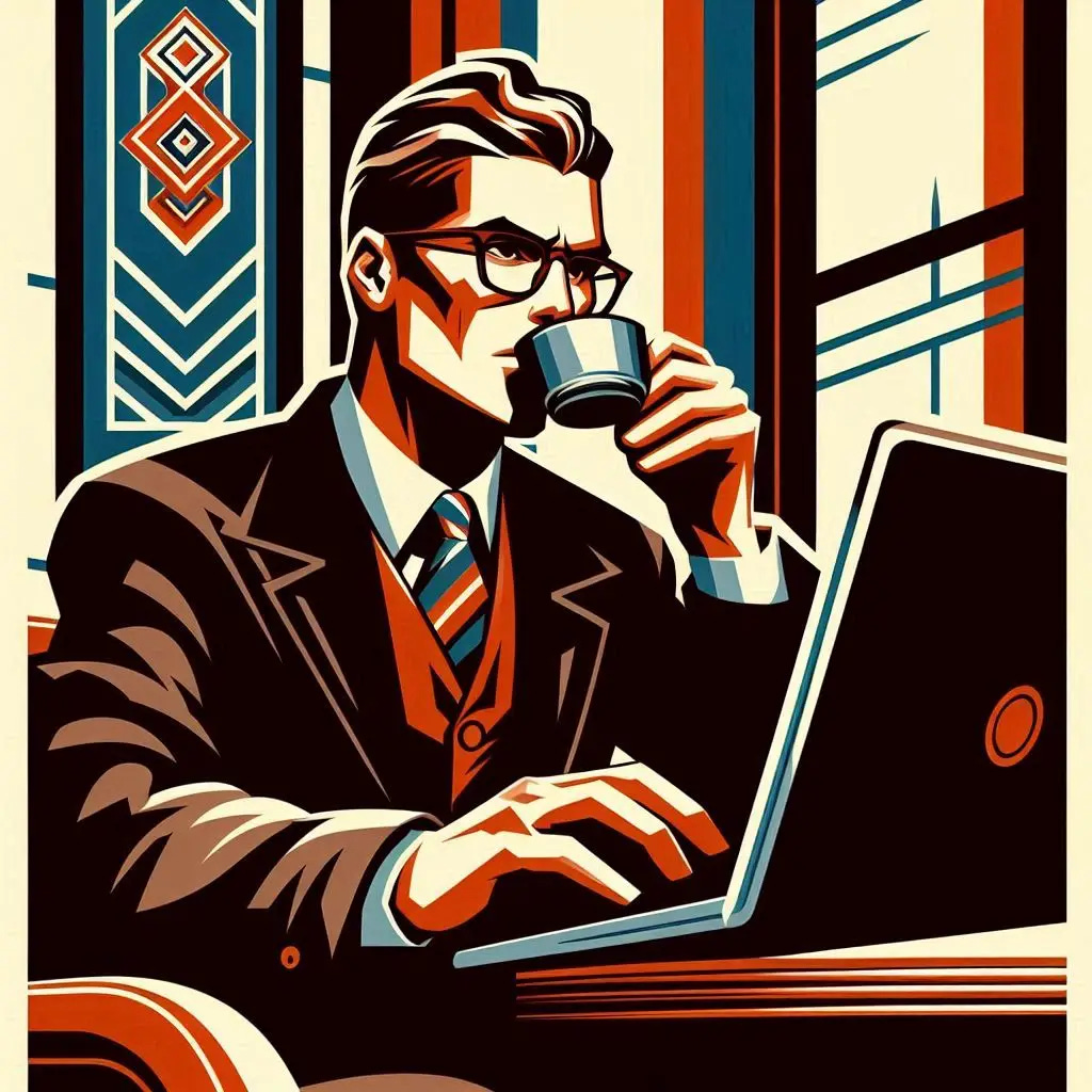 A distinguished looking author sips coffee and works on a laptop in a cafe. Drawn in the style of an art-deco propaganda poster.