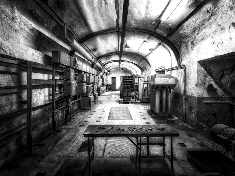 Abandoned underground bunker with old industrial equipment and a table.