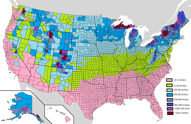 r/MapPorn - Average Yearly Snowfall in the USA by County [OC] [1513 x 983]