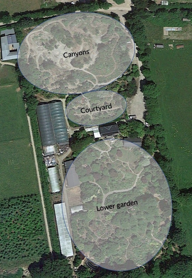 You can see the main entrance at the top right, where you will go down the driveway to the parking lot. Entrance is through a pergola between the house and the Courtyard garden, with the loo on the left side. 