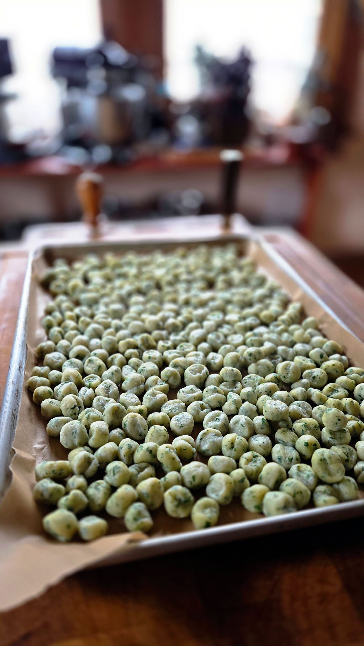 A tray of tarragon dumplings. A tray of tarragon dumplings.