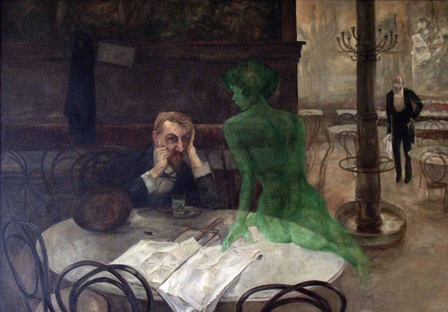 Viktor Oliva, The Absinthe Drinker (1901). Public domain, via Wikimedia Commons. Viktor Oliva, The Absinthe Drinker (1901). Public domain, via Wikimedia Commons.