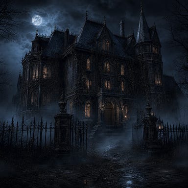 Wachterhaus at night, Barovian Gothic style, looming manor with cracked windows faintly lit by candlelight, ivy crawling up the stone façade, wrought‑iron fence shrouded in mist, moonlight catching the sharp angles of the roof